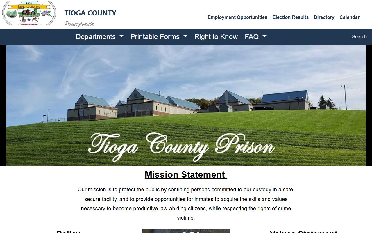 Tioga County Prison inmate custody contact page