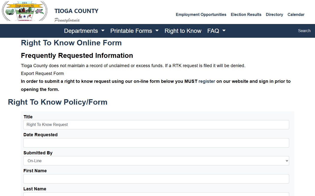 Tioga County jail mugshots Right-to-Know online form