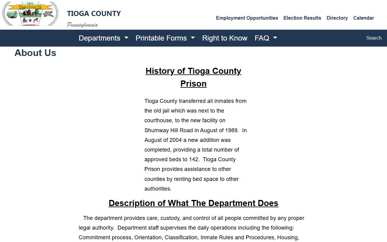 Tioga County Prison history and inmate population capacity information