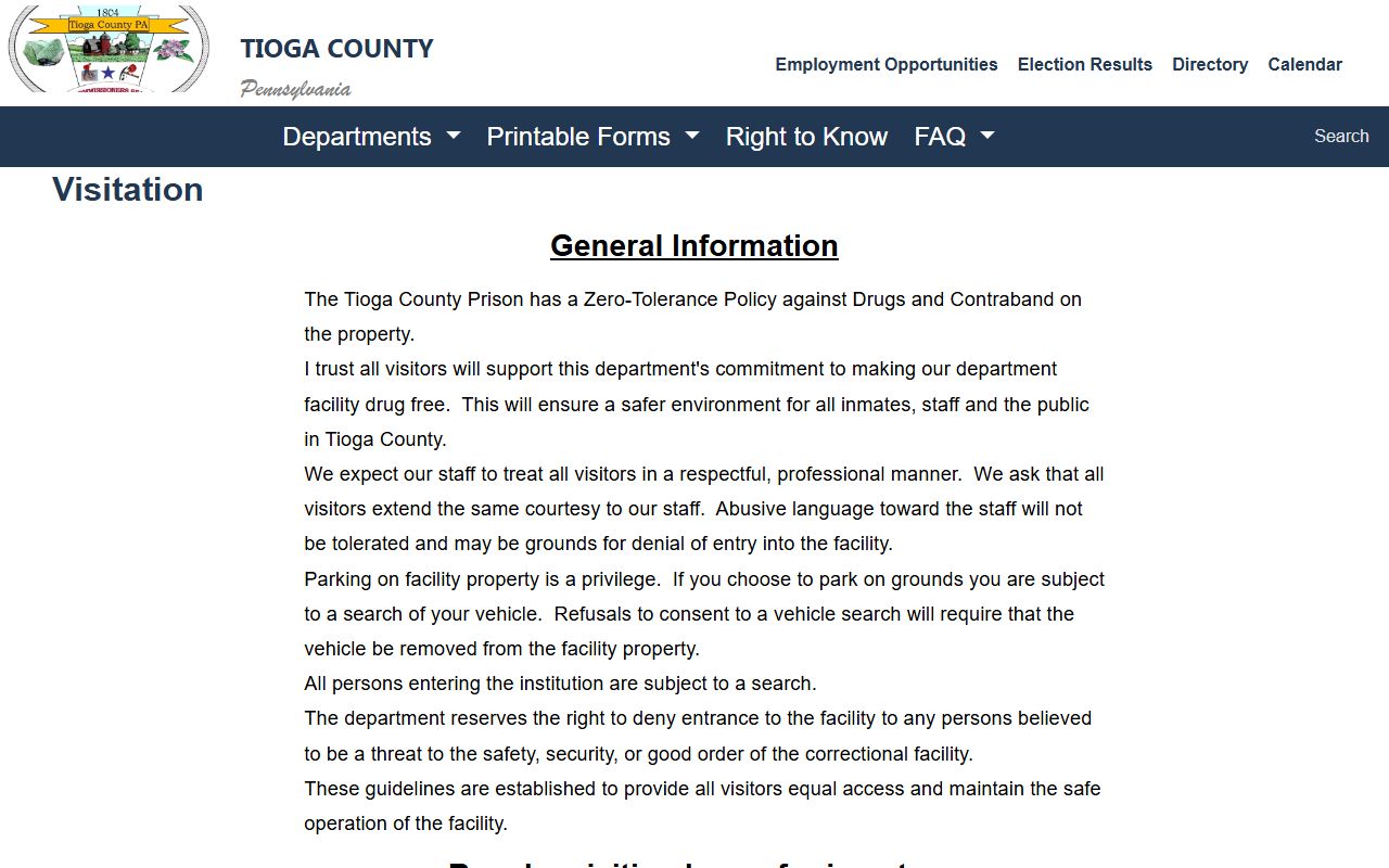 Tioga County Prison visitation schedule and visitor rules