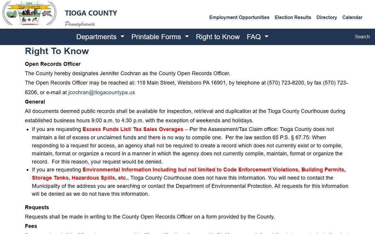 Tioga County inmate records Right-to-Know request information